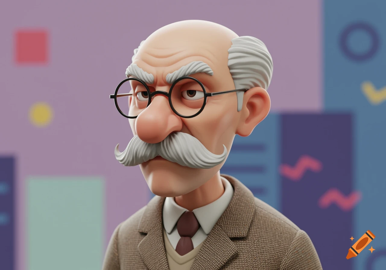 A serious-looking 3D render of a bald, mustachioed old man with round glasses and a brown jacket against a minimalistic background.