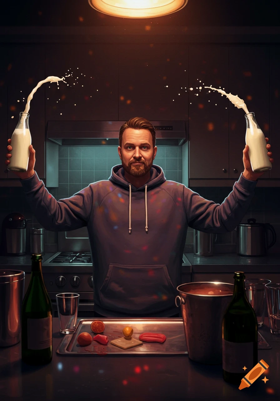 A man in a hoodie in a dim kitchen holds two milk bottles, spilling milk outwards like an advertisement, looking at the camera with a smirk.