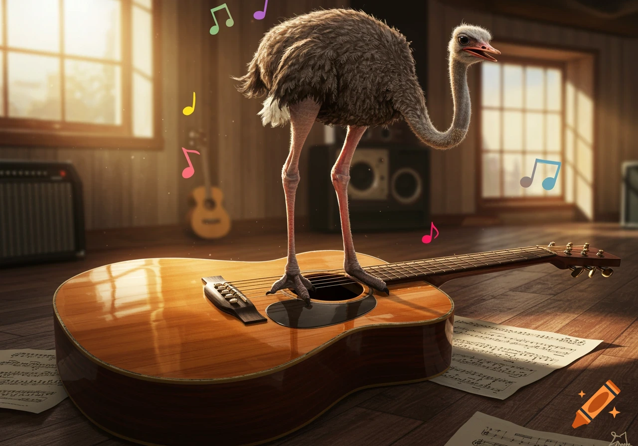 An ostrich stands on an acoustic guitar in a sunlit room. Musical notes float around it; sheet music lies on the floor.