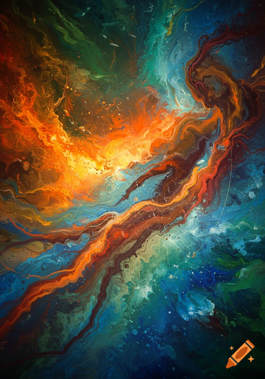 A vibrant abstract painting with swirling patterns of orange, blue, green, and brown, resembling a cosmic nebula or liquid art.