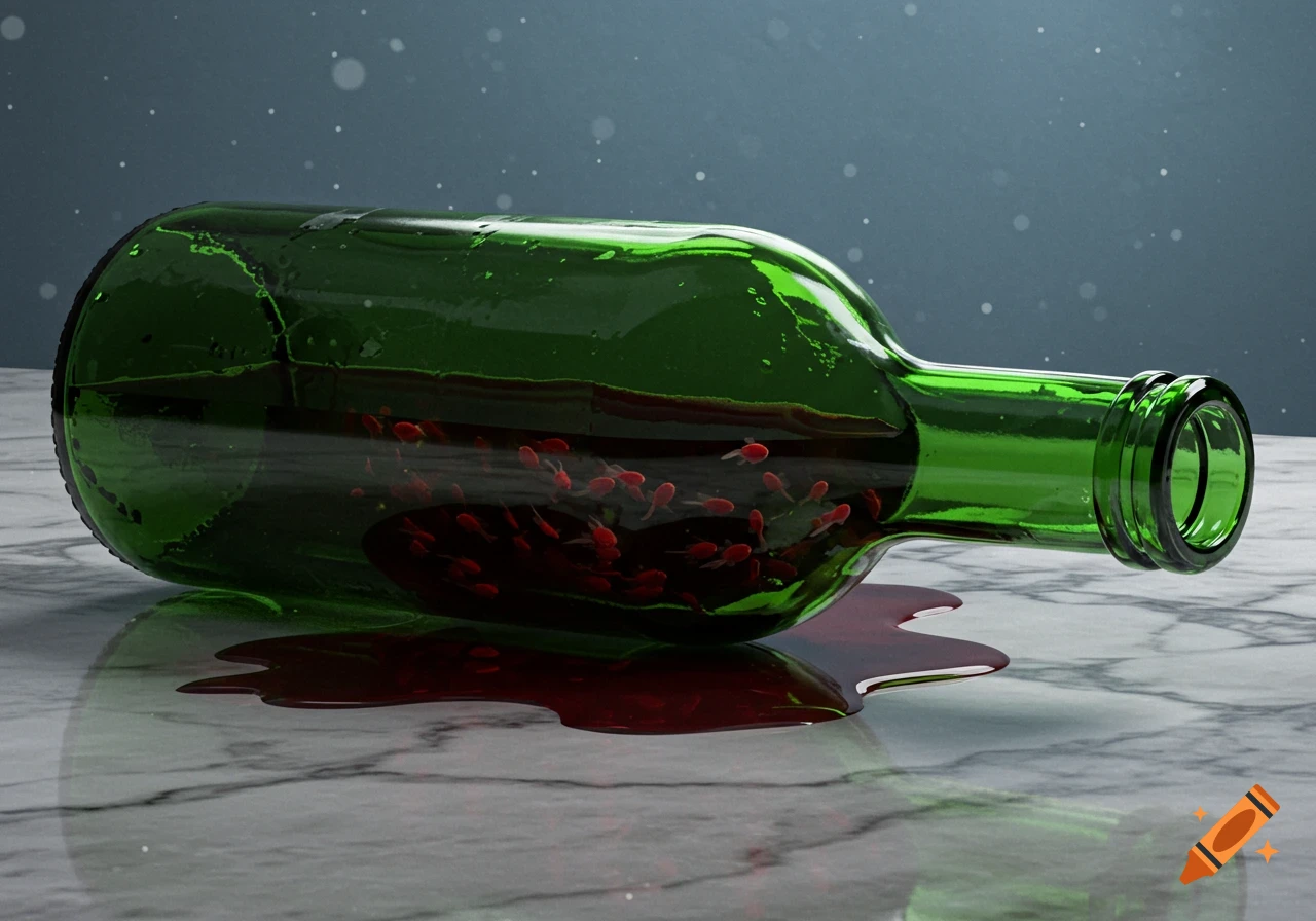 A realistic green glass wine bottle lies on its side on a marble surface, with red liquid spilled. Many small red creatures resembling tadpoles swim inside the bottle.