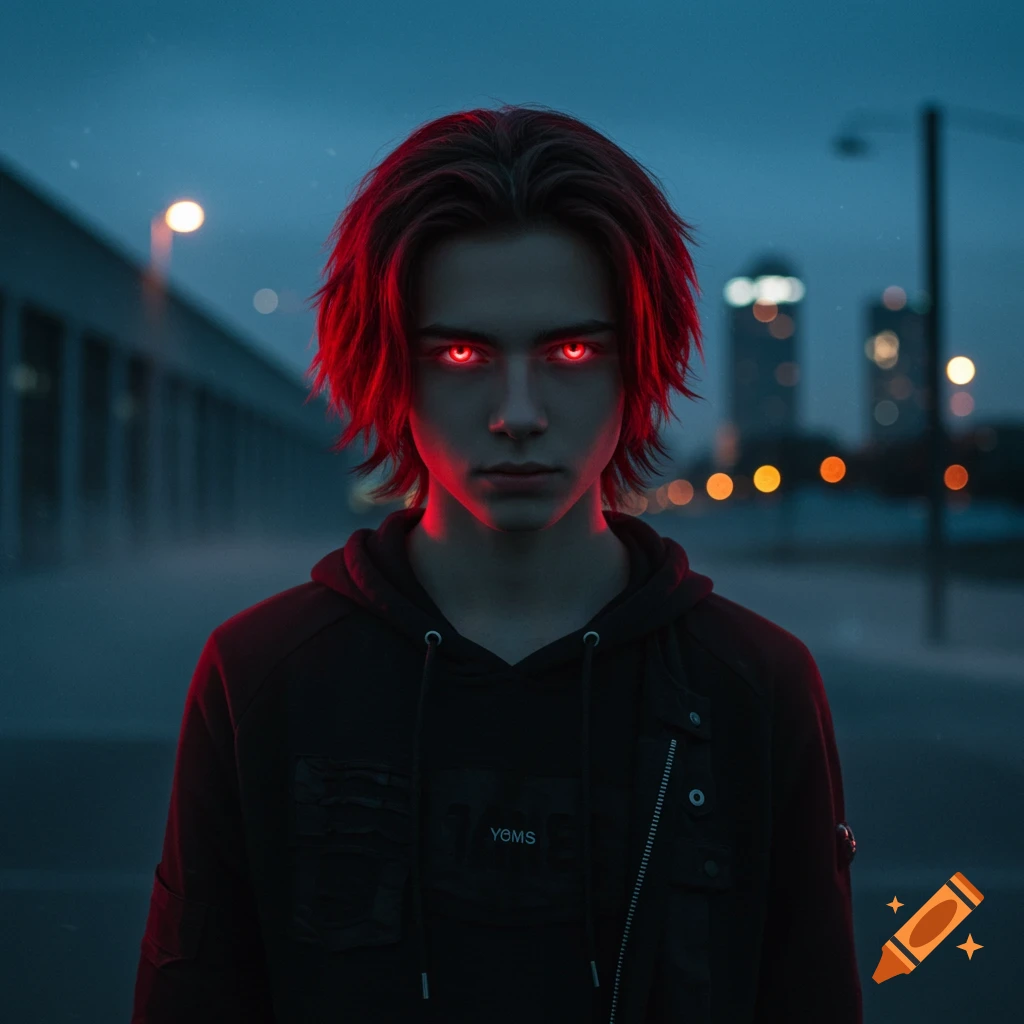 A teenage boy with glowing red eyes and deep red hair looks intensely at the viewer in a dark urban setting with blurred lights.