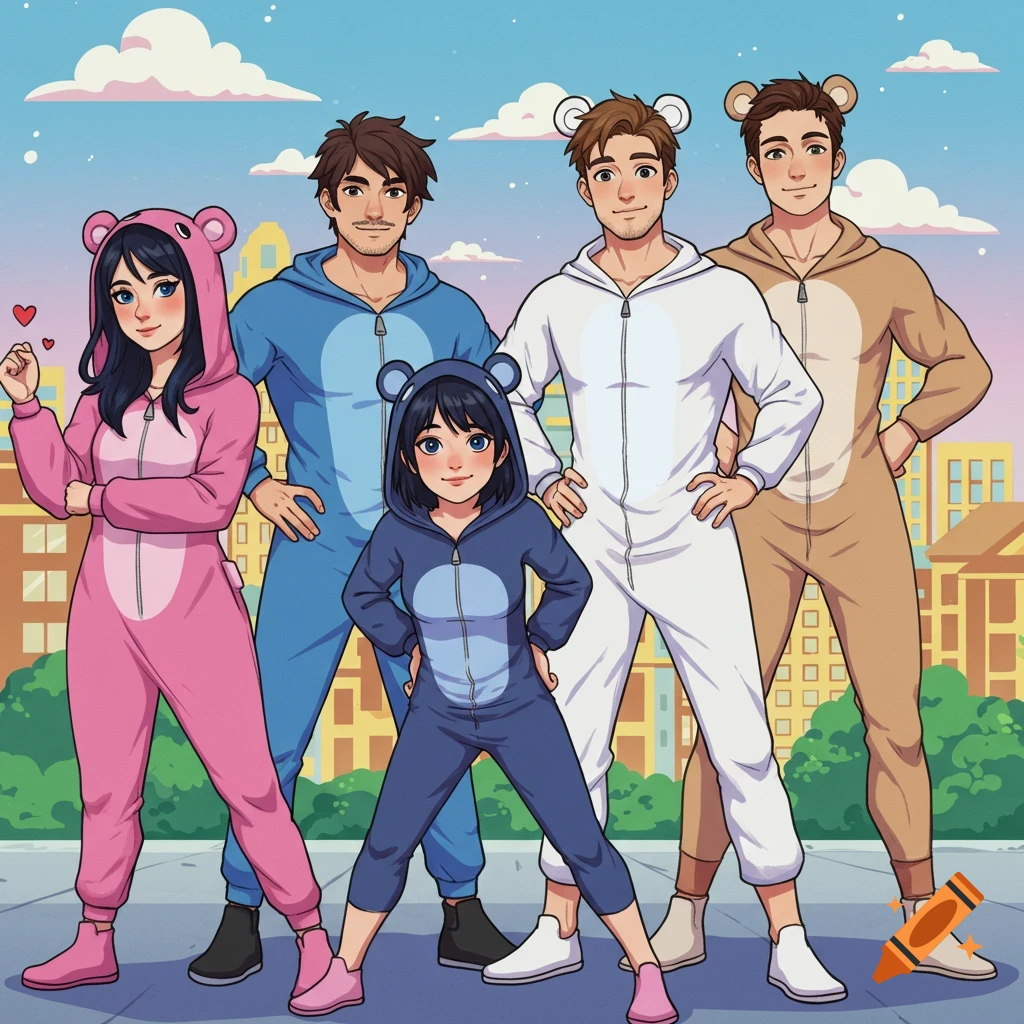 Five cartoon characters, four adults and one child, in colorful animal onesies pose outdoors like a superhero gang.