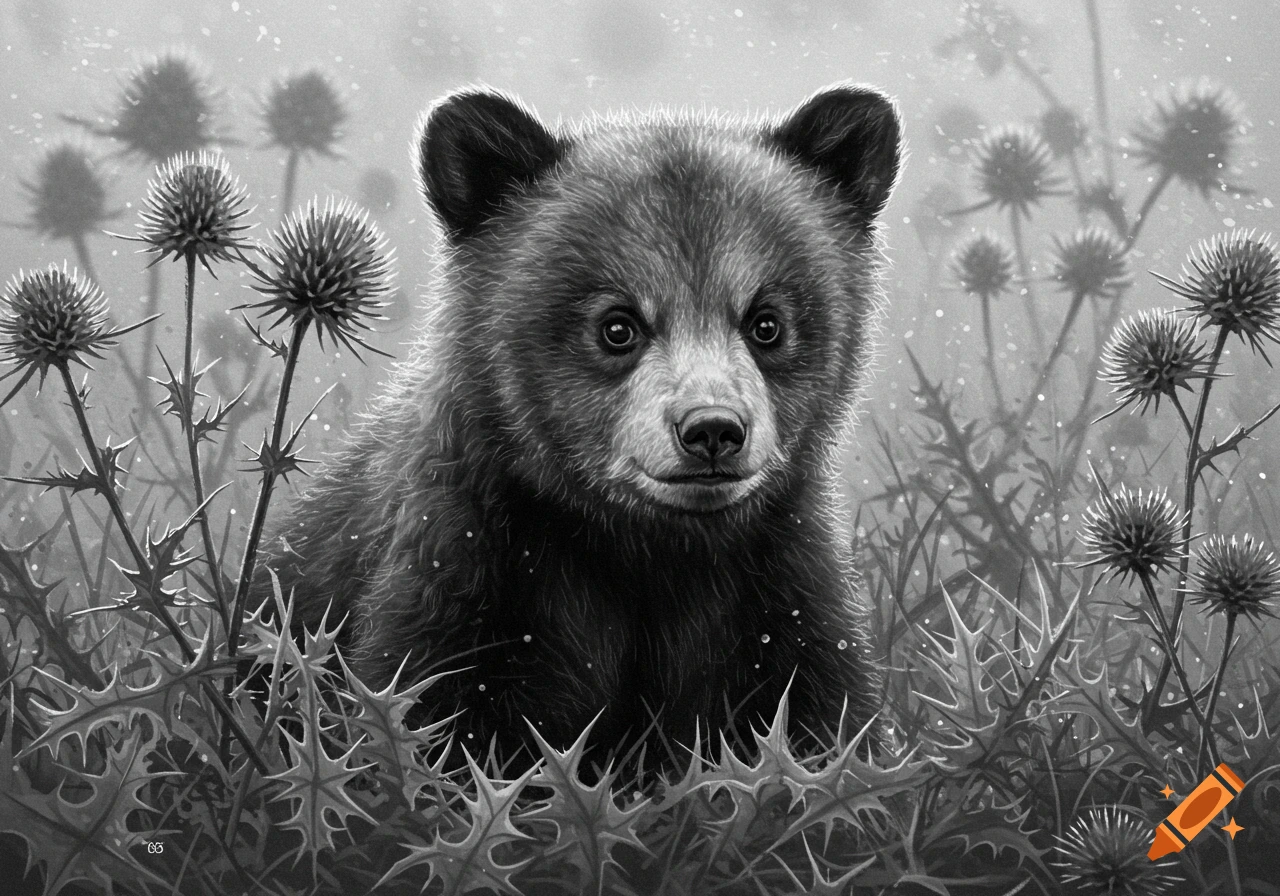 A close-up, black and white illustration of a baby bear cub peeking through thorny thistle plants.