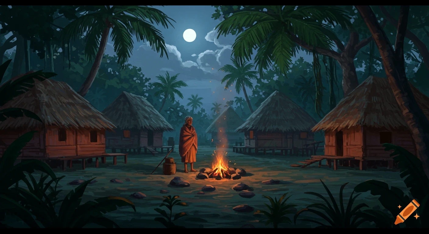 An illustration of a Caribbean village at dusk with thatched huts, palm trees, a glowing campfire, and a figure wrapped in a blanket under a full moon.