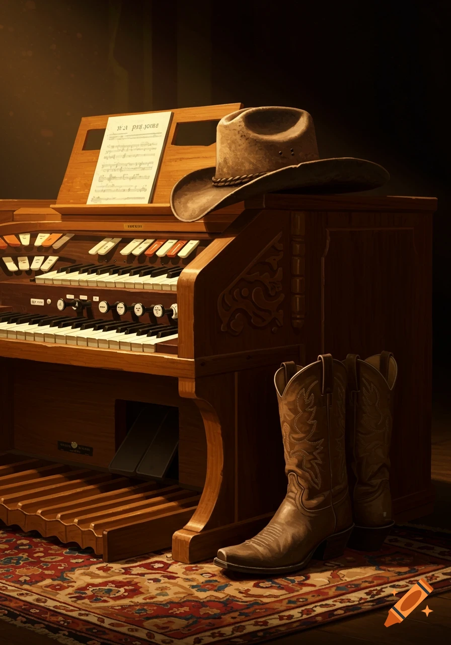 A vintage wooden keyboard organ with sheet music, a brown cowboy hat, and cowboy boots on a patterned rug in a dimly lit room, photorealistic.