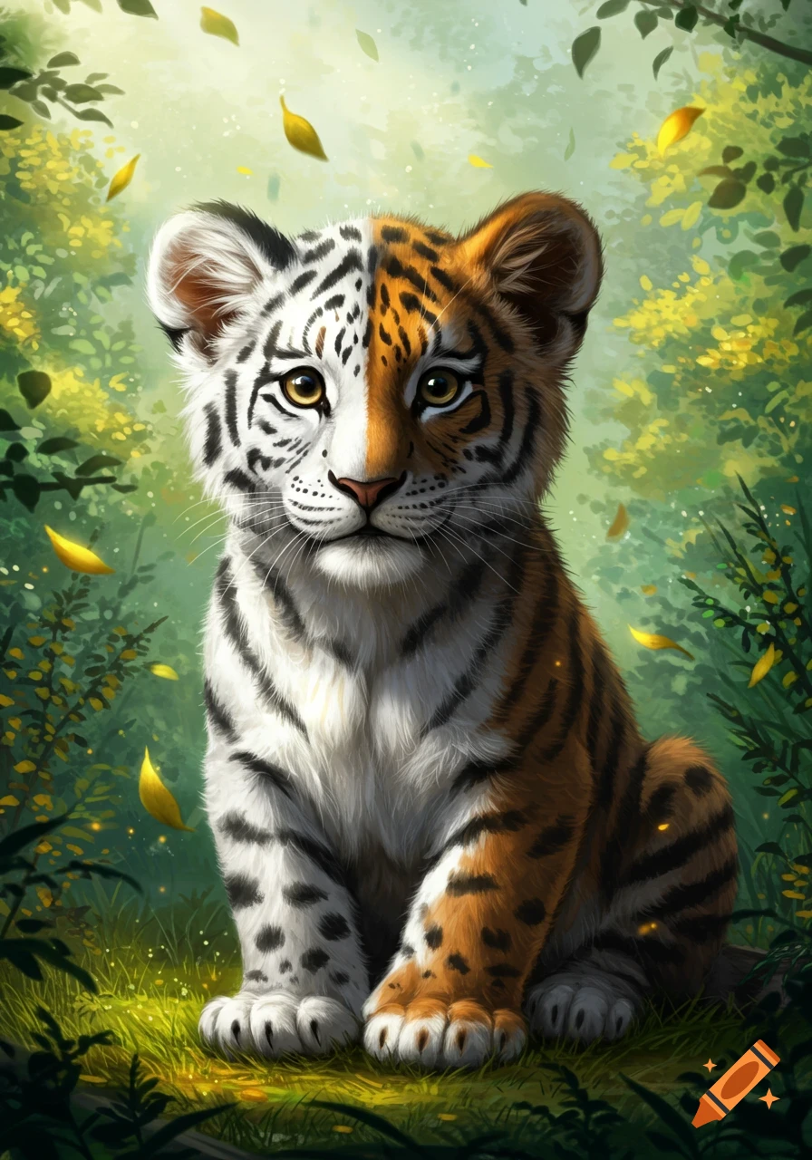 A mystical, half white tiger, half orange tiger cub sitting in a lush, sun-dappled forest with falling leaves. Digital art.