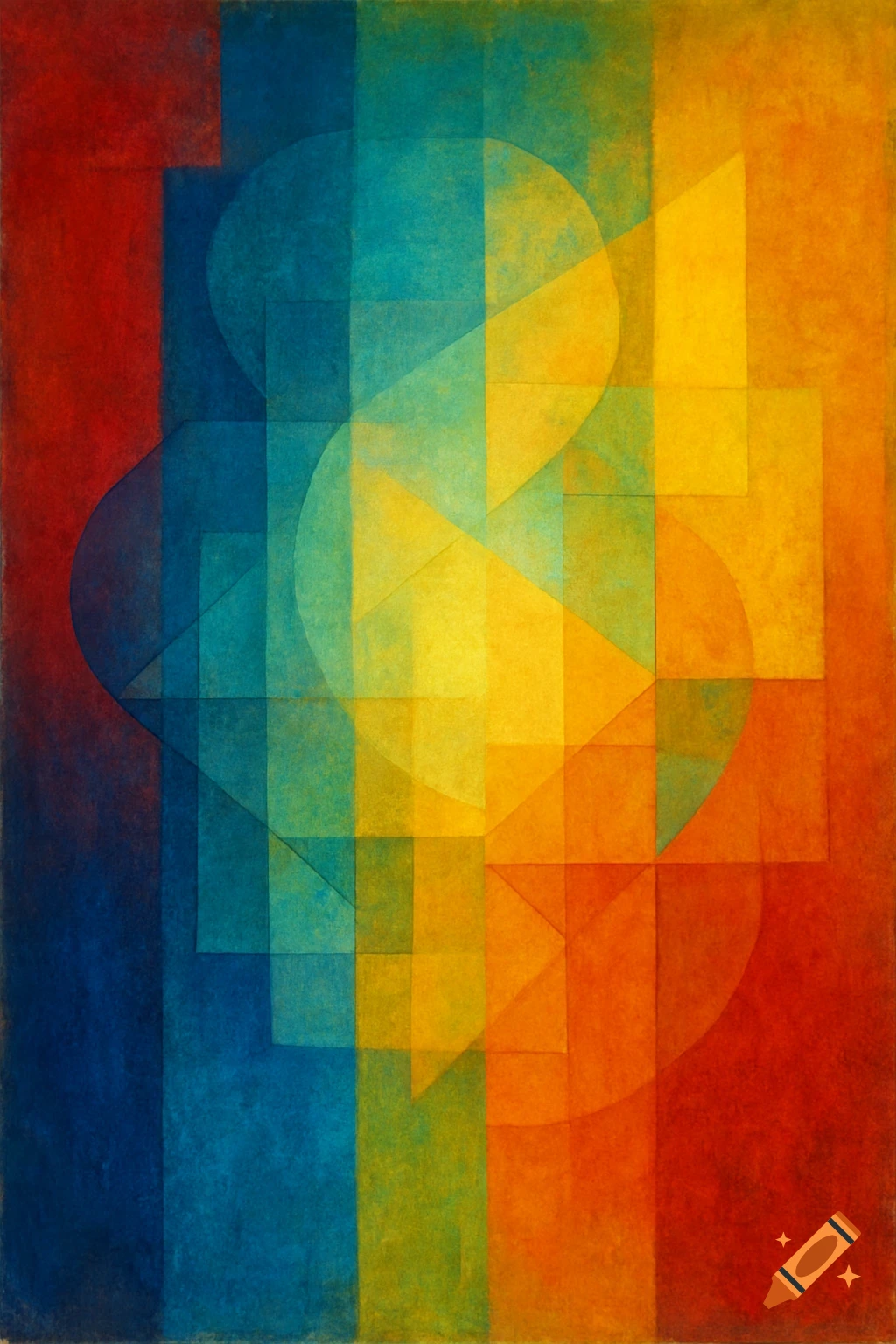 An abstract geometric artwork with overlapping shapes in a gradient of red, blue, green, yellow, and orange with a textured, painterly finish.