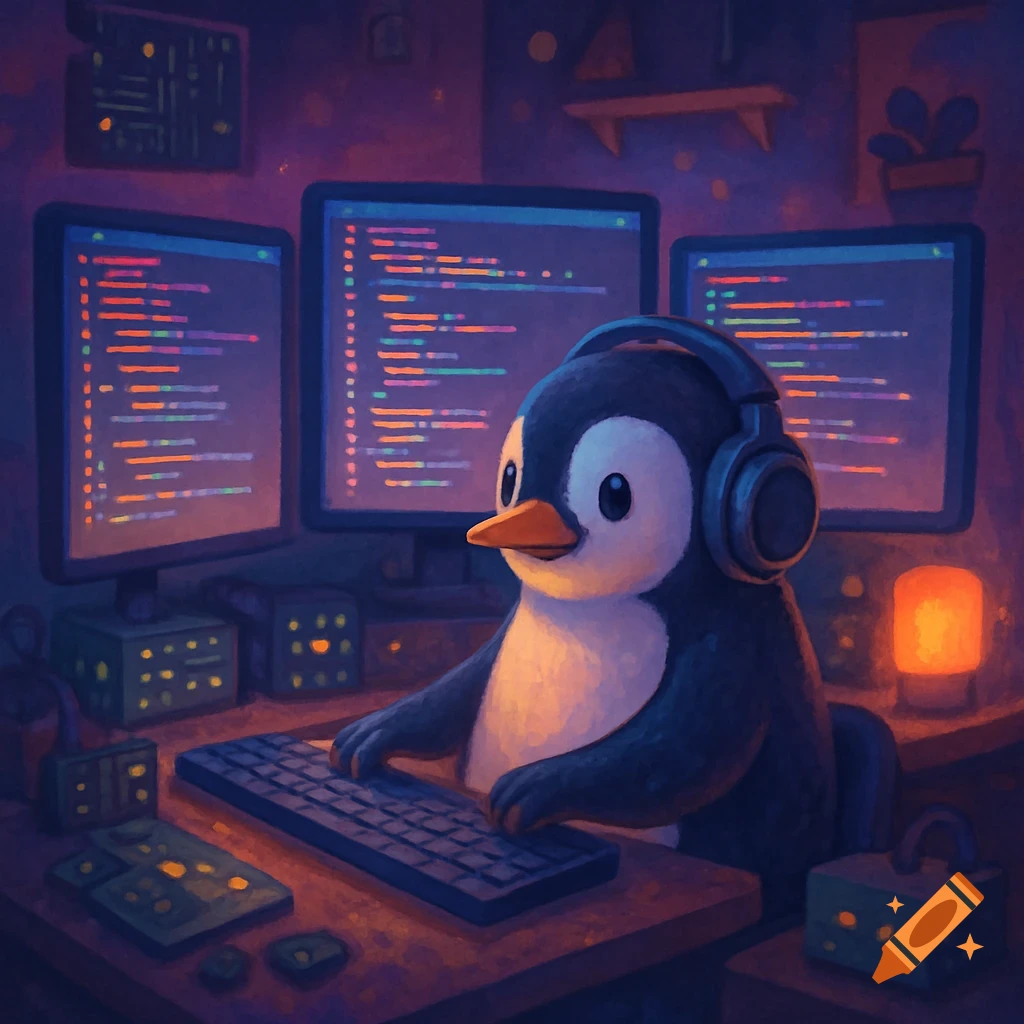 A cute cartoon penguin with headphones on, sitting at a desk and typing on a keyboard, surrounded by three computer monitors displaying garbled code in a lofi night setting.
