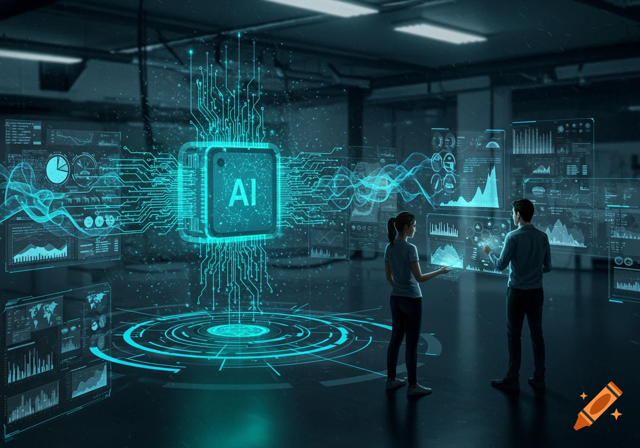Two people interact with glowing holographic displays and a central 'AI' chip in a futuristic tech environment.