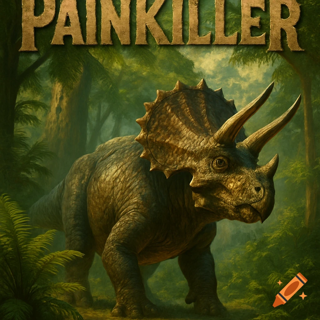 A large Triceratops dinosaur stands in a lush green jungle, with the word PAINKILLER across the top.