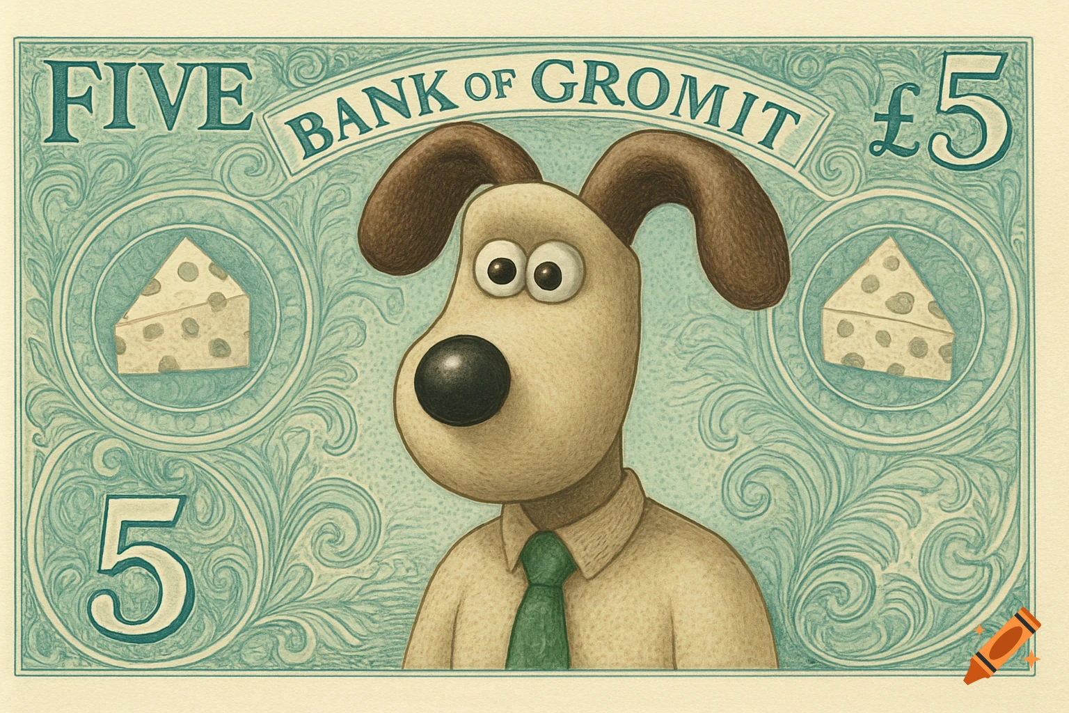 Illustration of Gromit, the cartoon dog, on a green five-pound banknote with 'FIVE' and 'BANK OF GROMIT' written on it.