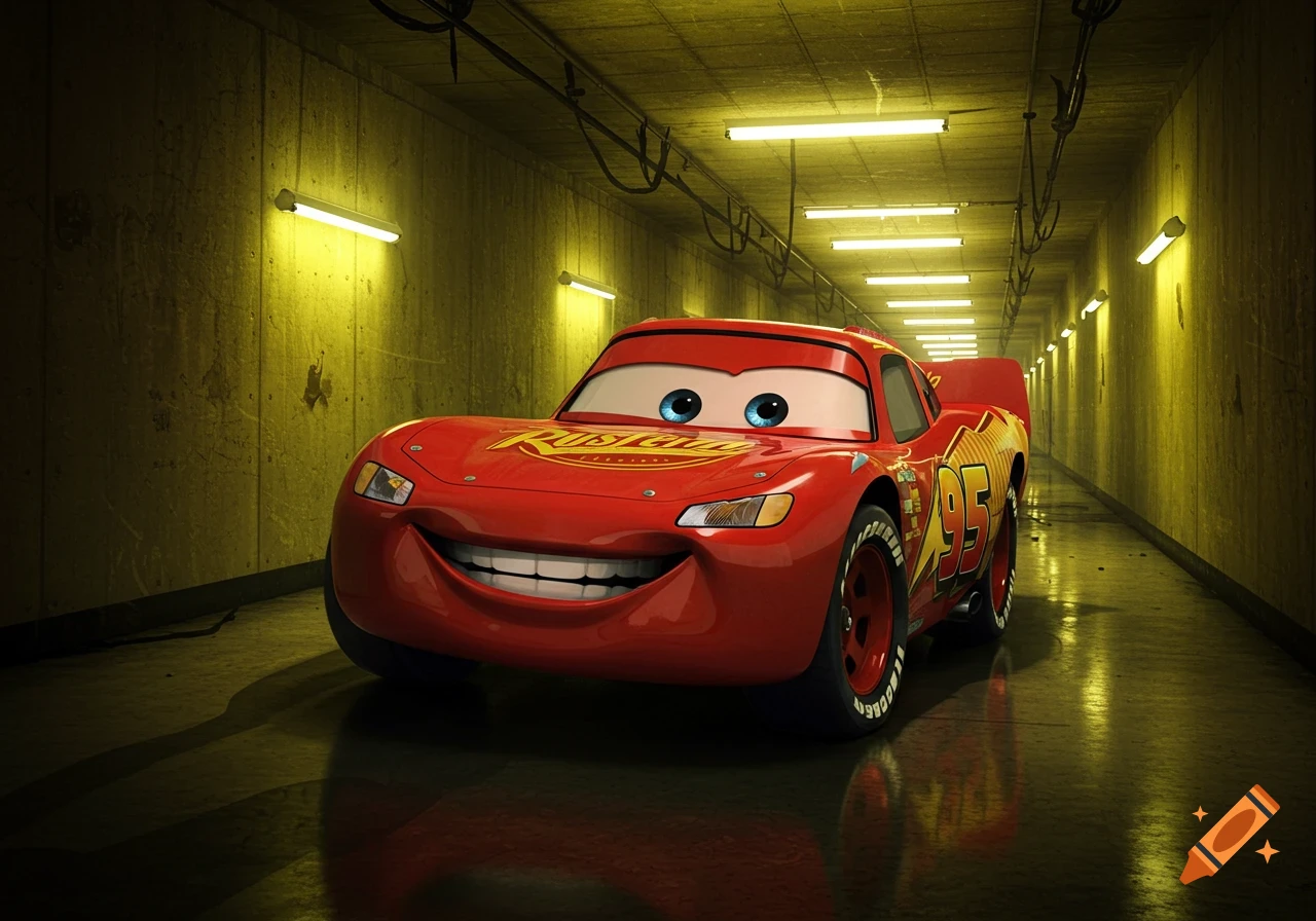 Lightning McQueen with a wide smile and blue eyes stands in a long, dimly lit yellow concrete corridor with fluorescent lights and a reflective floor.