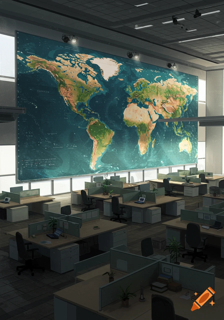 An office cubicle farm with a massive world map covering a two-story wall.