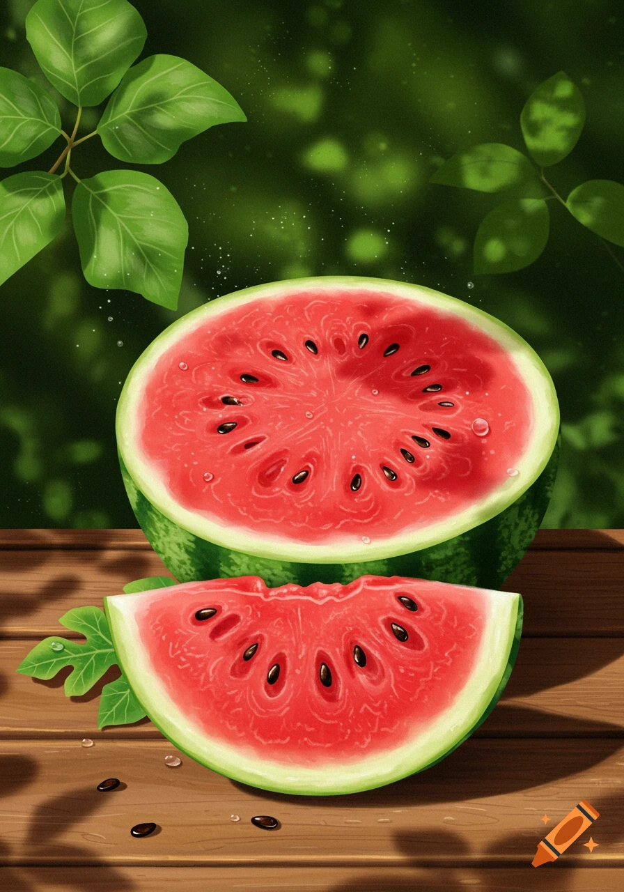 Illustration of a cut watermelon and a slice on a wooden table with green leaves in the background.