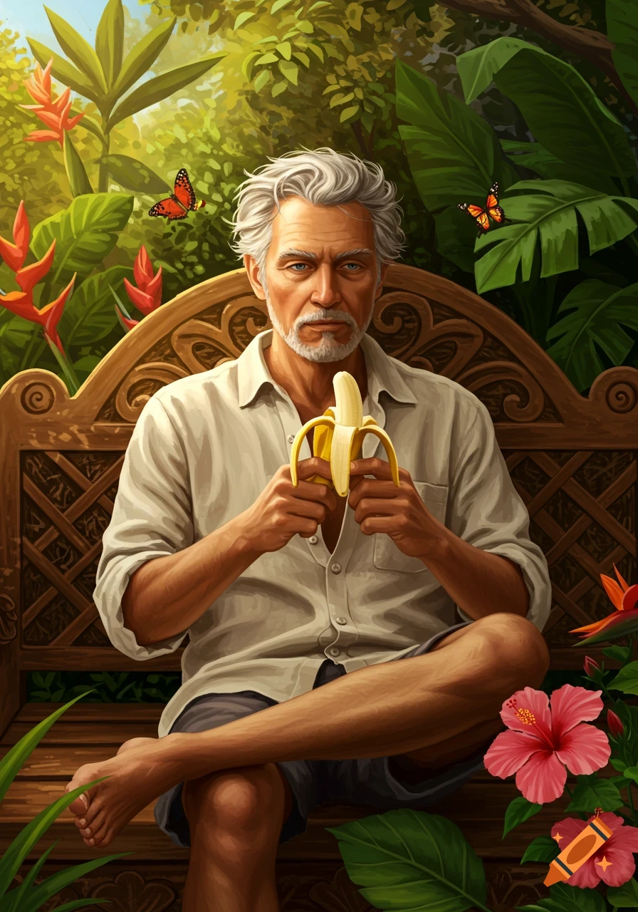 An older man with grey hair and a beard sits on a wooden bench in a tropical jungle, peeling a banana.