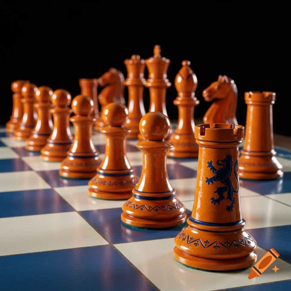 A close-up shot of an orange and blue Dutch-themed chess set on a blue and cream chessboard. A rook with a blue lion emblem is prominent in the foreground.