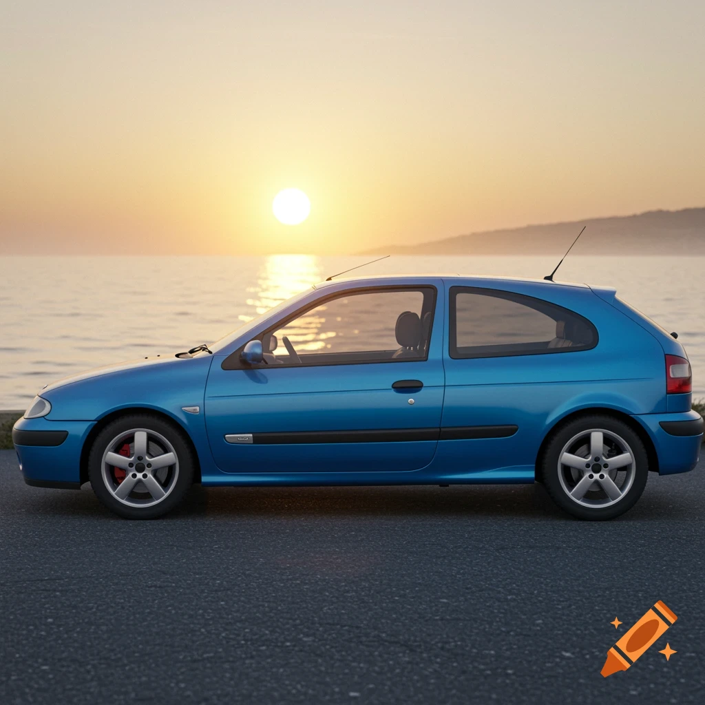 Blue Renault Megane hatchback parked by a lake at sunset, viewed from the side.
