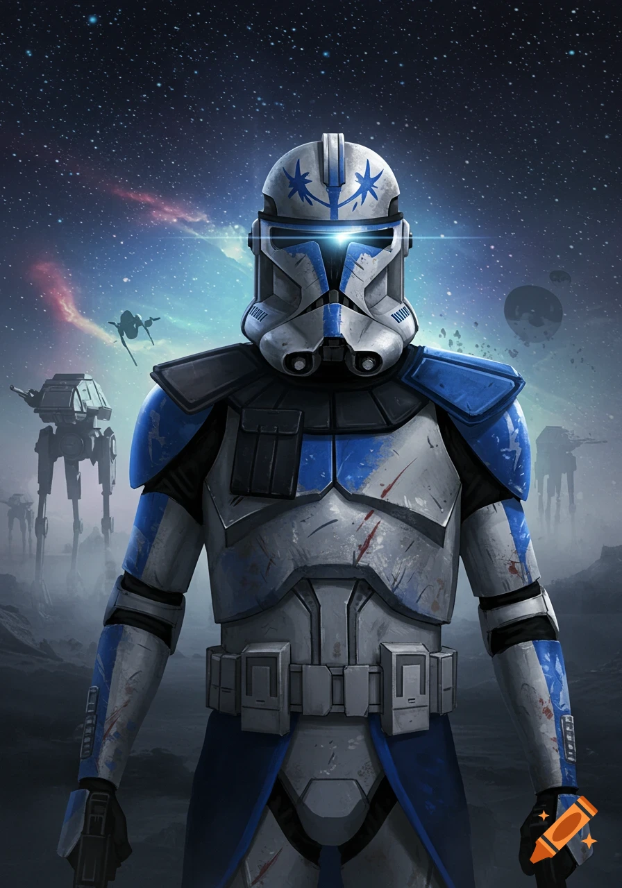 A detailed illustration of Captain Rex, a clone trooper in blue and white armor, standing on an alien planet under a starry sky with AT-RTs.