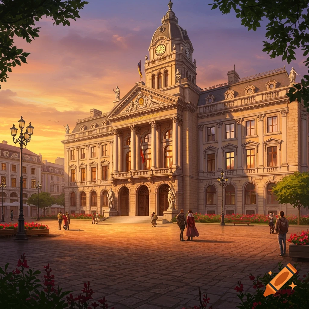 A grand, classical city hall building at sunset, with people strolling in the illuminated plaza.