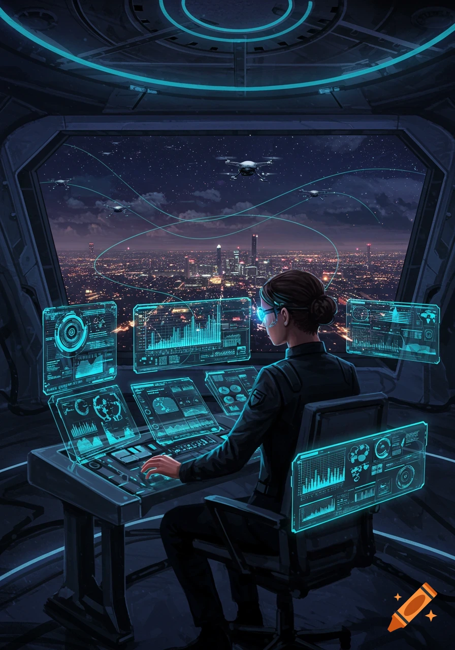 Digital art of an engineer monitoring drones and data from a futuristic control room overlooking a vast nighttime city.