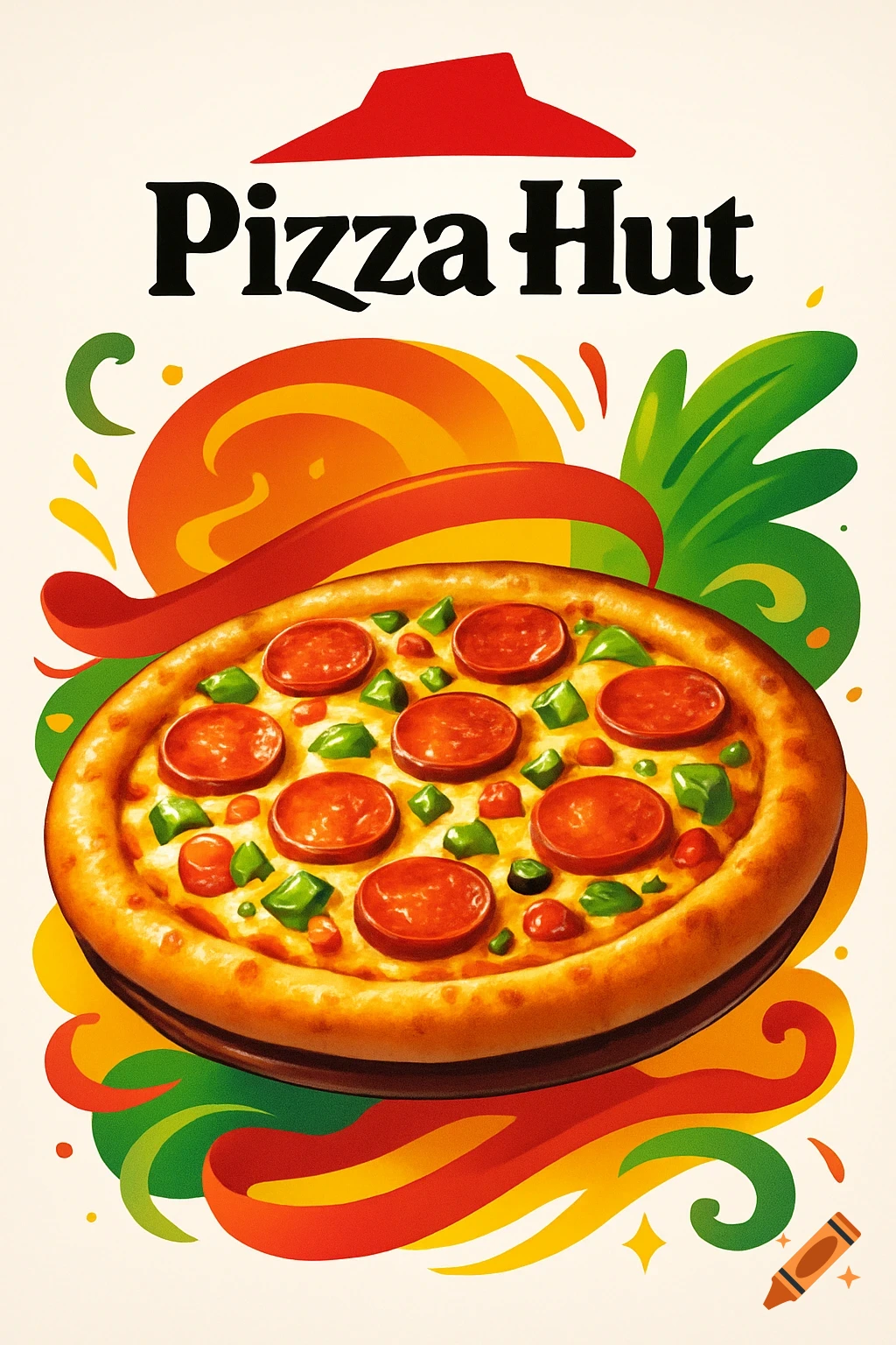 A colorful illustration of a pepperoni and pepper pizza under a red Pizza Hut logo.