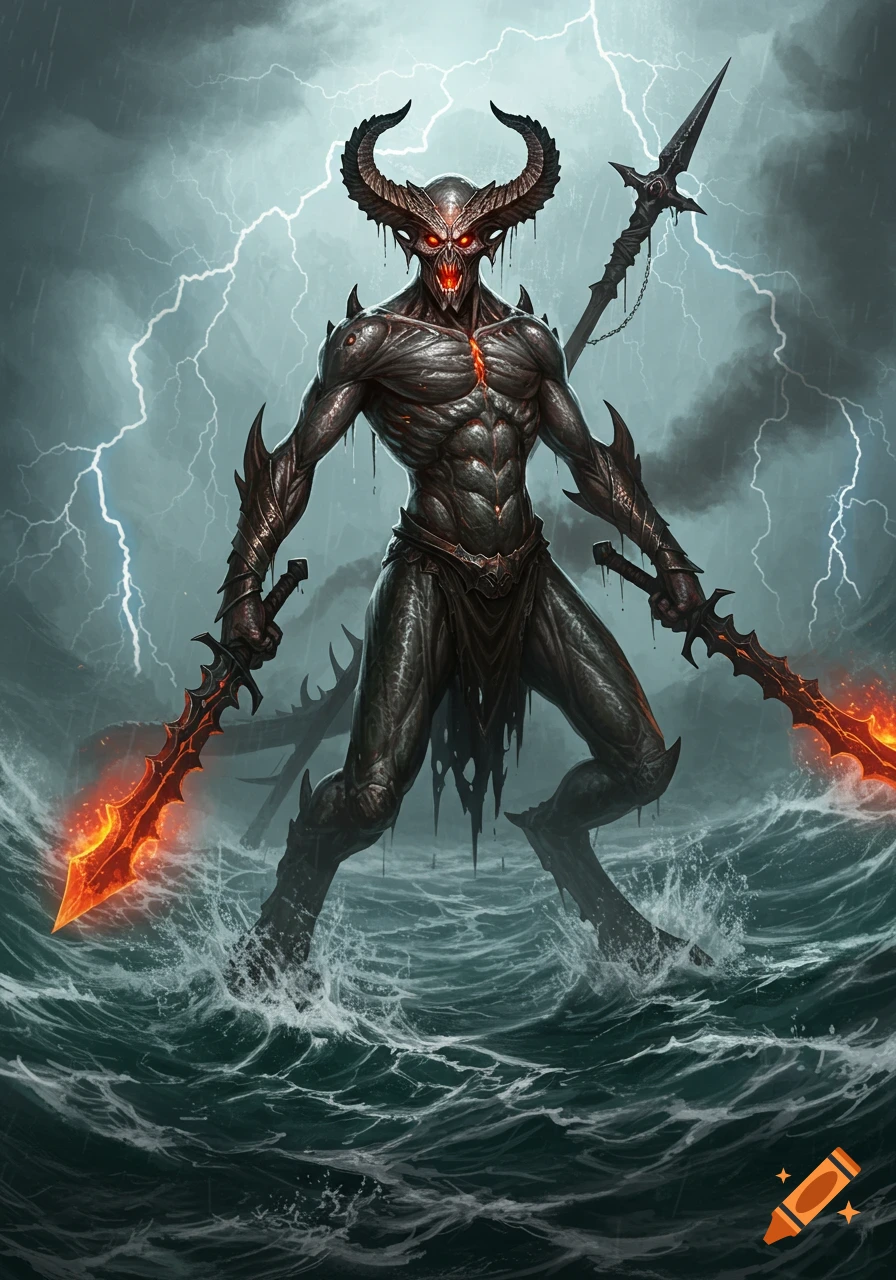 A horned, grey-skinned devil monster with glowing red eyes emerges from a stormy sea, wielding two fiery swords, with lightning in the background. Dark fantasy art.