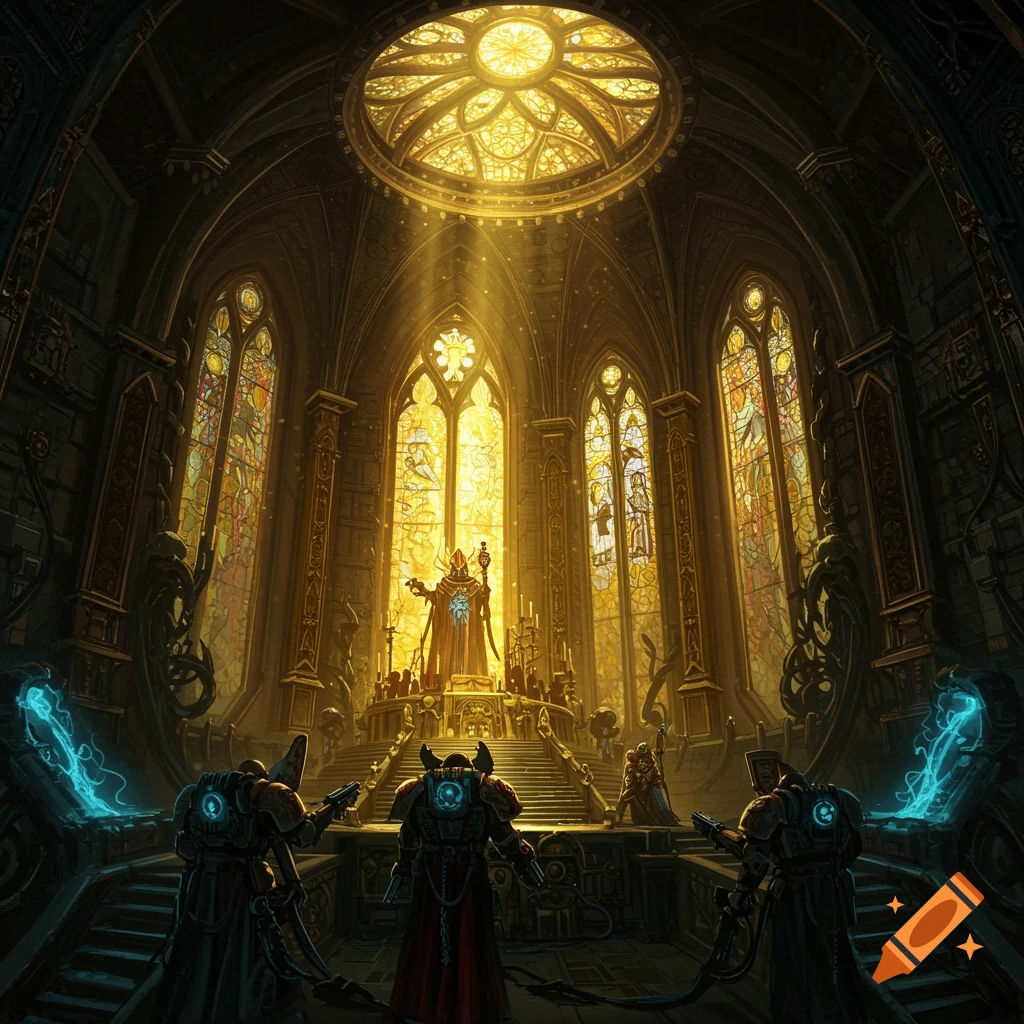 A dark, ornate gothic sci-fi sanctum with glowing stained-glass windows and a robed figure on a throne, viewed by armored figures.