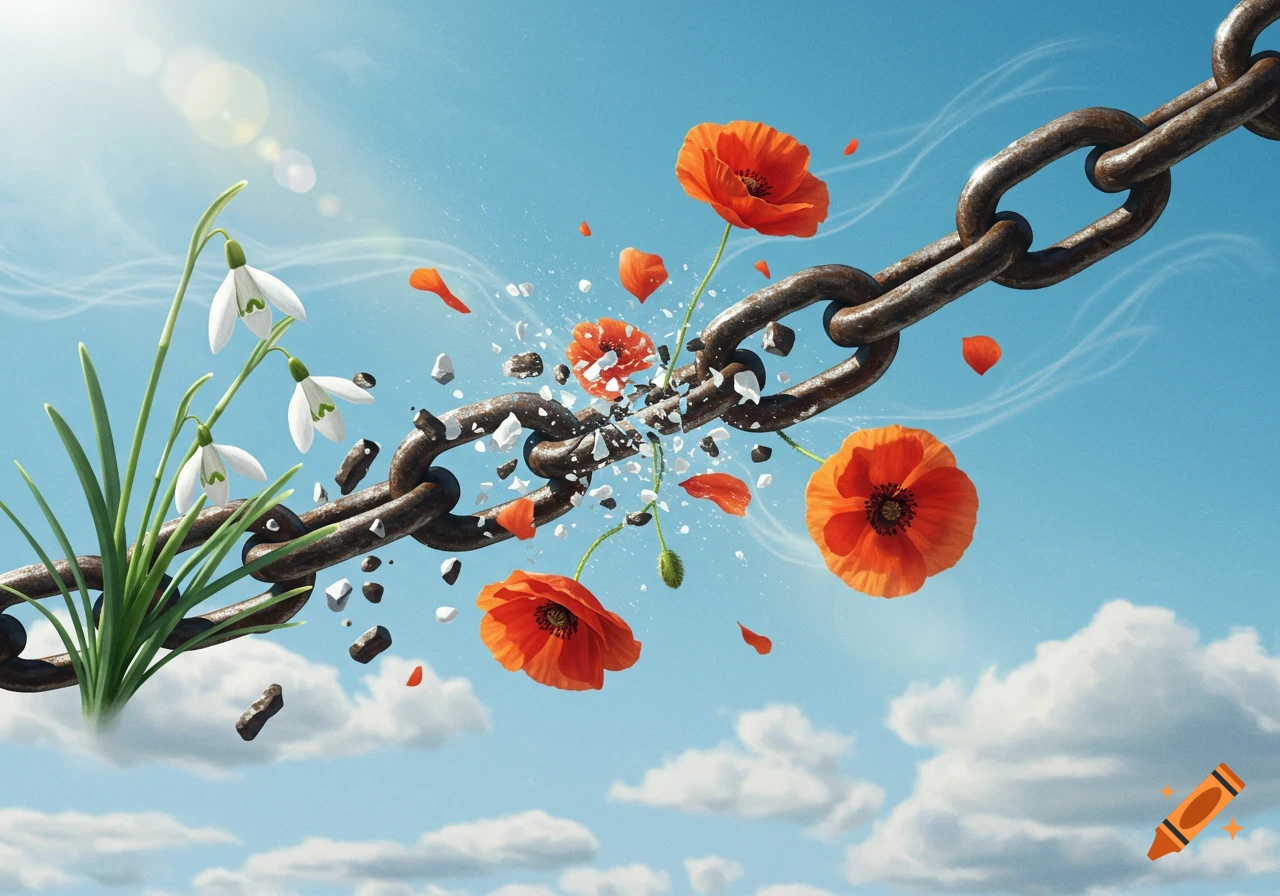 A rusty chain breaking apart, transforming into white snowdrops and orange poppies, against a blue sky with clouds.