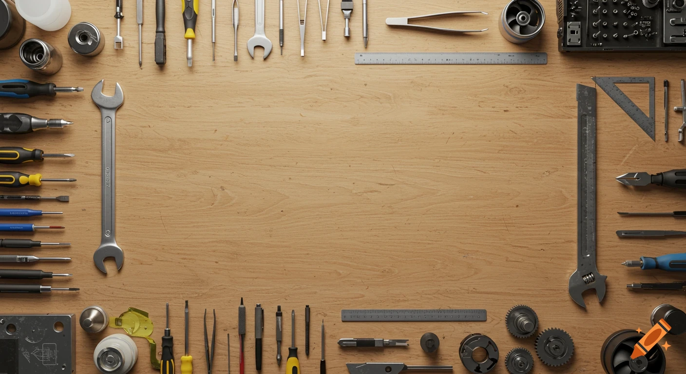 Top-down view of various computer repair tools like wrenches, screwdrivers, and rulers neatly arranged around the edges of a light wooden workbench.