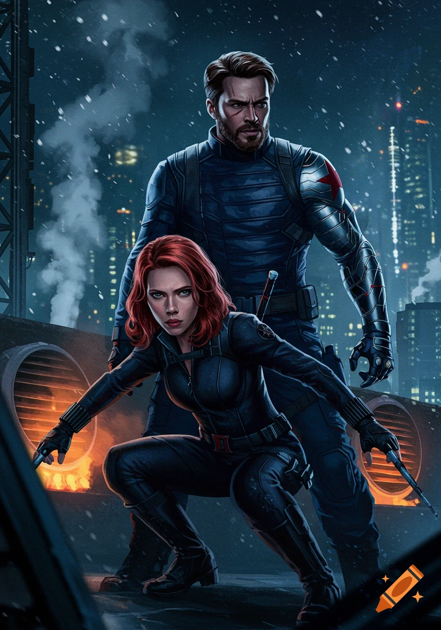 Black Widow crouches with Winter Soldier standing behind her on a snowy rooftop at night, city lights in the background, in a comic art style.