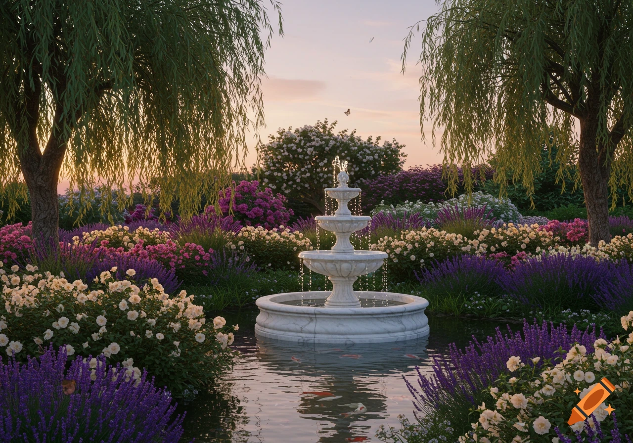 A beautiful garden with a tiered marble fountain in a pond, surrounded by purple and white flowers and willow trees at sunset.