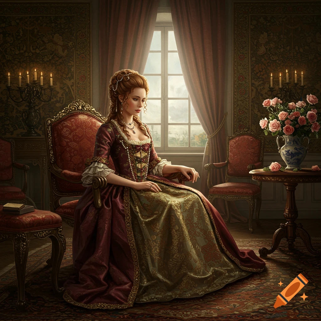A woman in a detailed 17th-century maroon and gold dress sits in a red armchair in a richly decorated room.