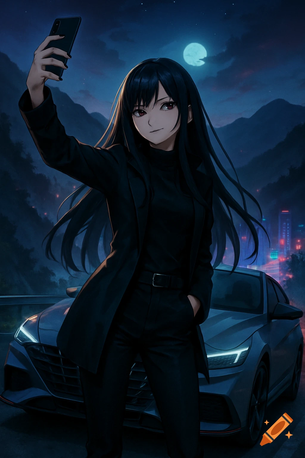 An anime girl with long black hair takes a selfie in front of a dark gray Hyundai Elantra N at night.