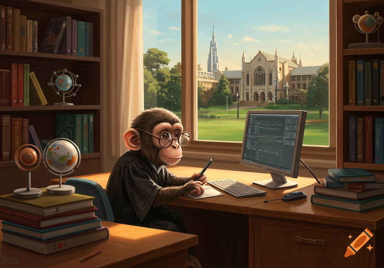A cute monkey with glasses sits at a desk, writing on paper while looking at a computer screen displaying code. Bookshelves and globes are nearby, and a large university building is visible through the window.