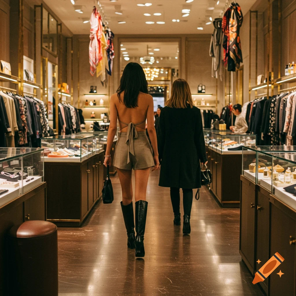 Two women walk away from the camera through a brightly lit, upscale clothing store with racks of clothes and display cases.
