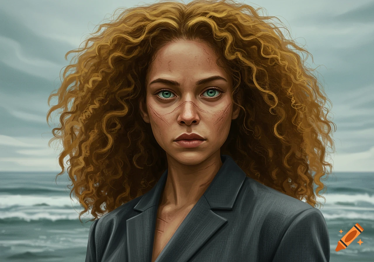 Young woman with curly golden hair, green eyes, and a scarred face, wearing a gray suit, standing by the sea.