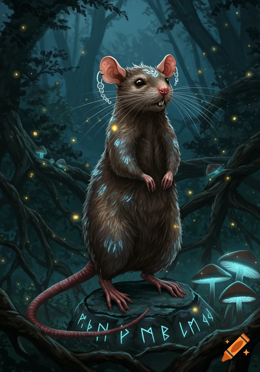 A fantasy rat with glowing blue markings and earrings stands on a glowing runic rock in a dark, mystical forest.
