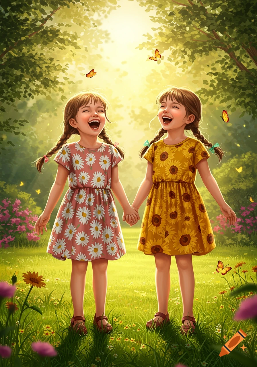 Two young girls with braided hair, wearing patterned dresses, laugh joyfully while holding hands in a sunlit field with flowers and butterflies.