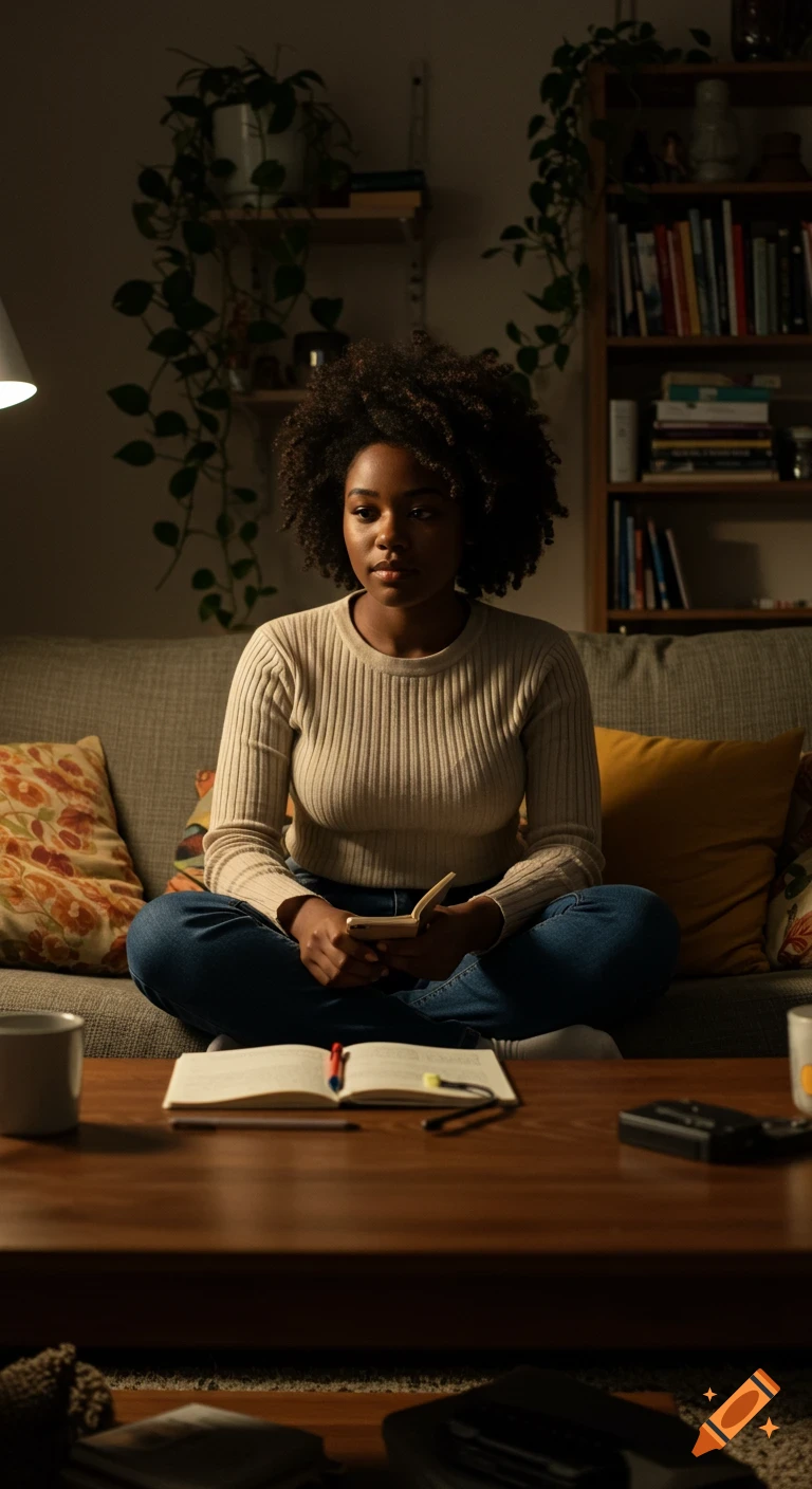 A candid photo of a Black woman with curly hair sitting on a sofa in a dimly lit living room, holding a small book.