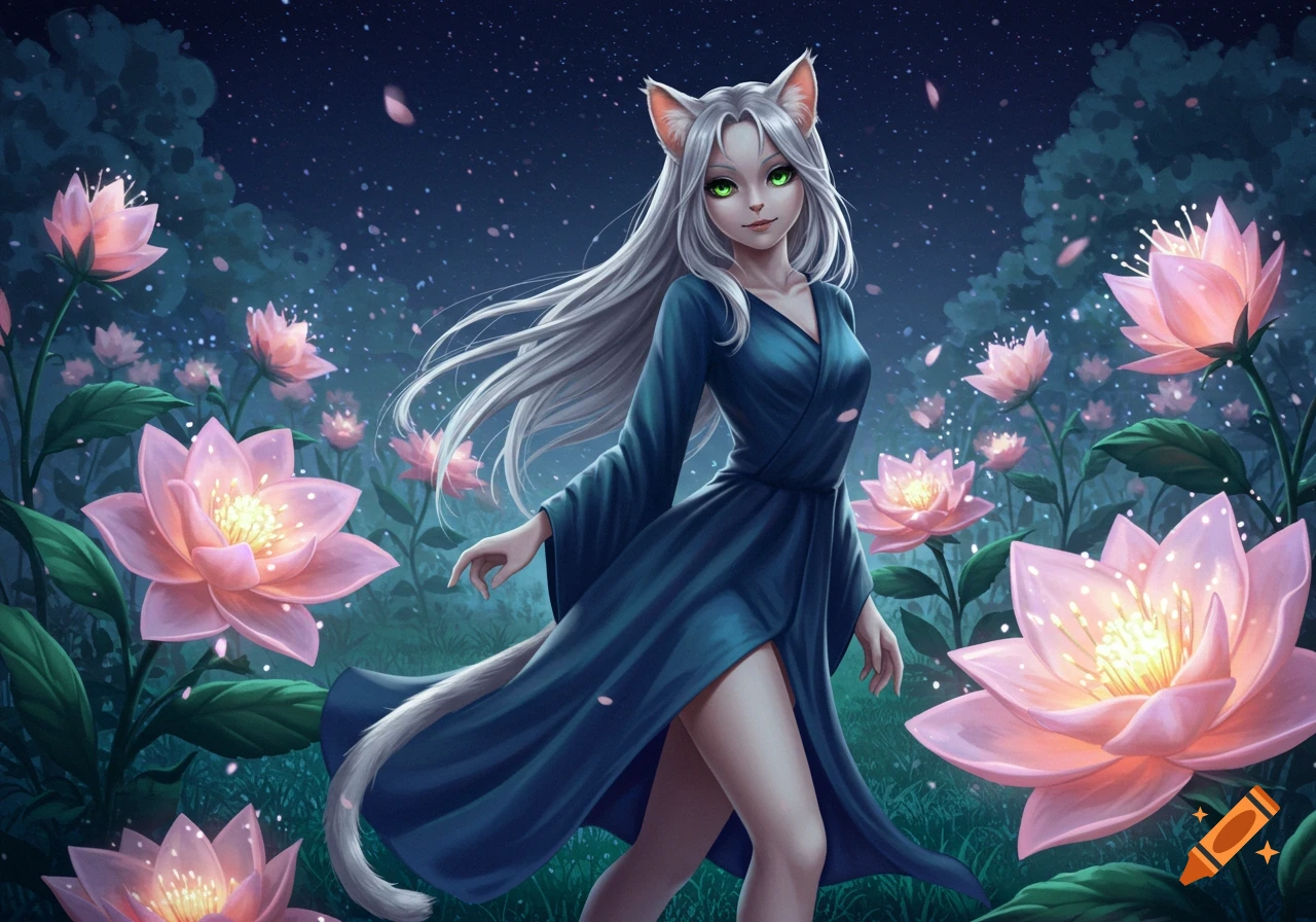 An anime cat girl with long white hair and green eyes in a blue dress stands among glowing pink lotus flowers at night.