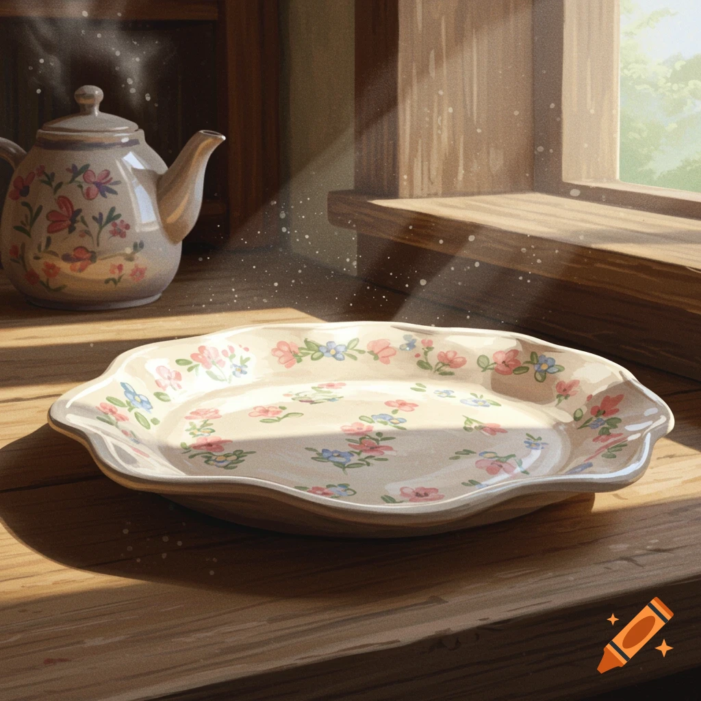 A floral pottery plate and teapot sit on a wooden windowsill, bathed in sunlight with dust motes visible.