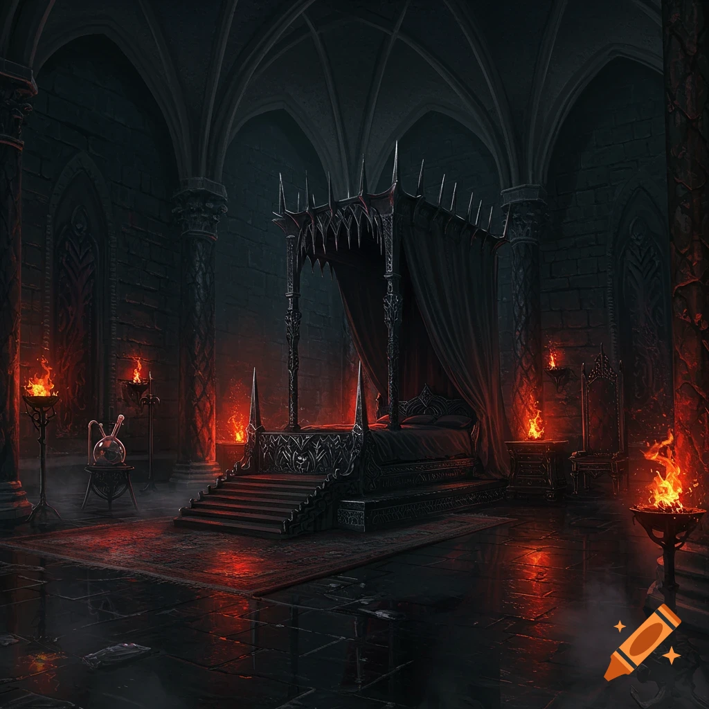 A dark, gothic bedroom with a spiked canopy bed, red glowing torches, and stone architecture, evoking a fantasy dungeon.