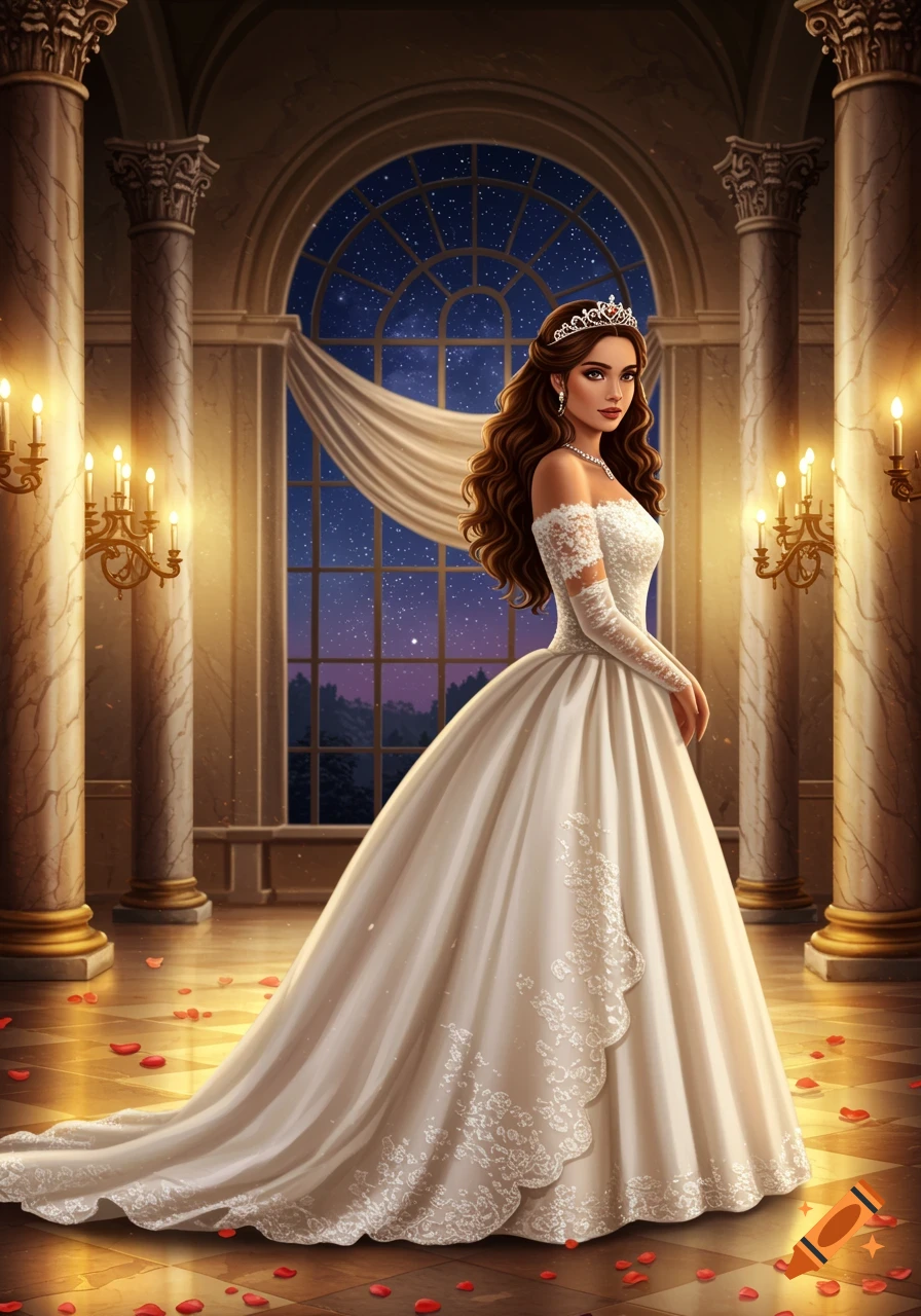 A beautiful princess in a white ball gown stands in a grand ballroom with columns and a large window looking out to a starry night.