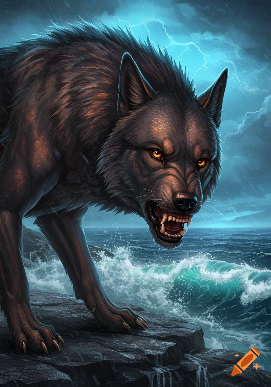 An angry, dark wolf-like creature with glowing eyes snarls on a rocky cliff beside a stormy ocean with lightning.
