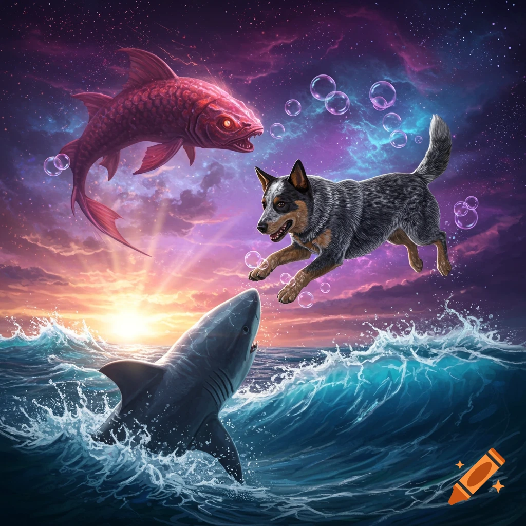 An Australian Cattle Dog mix floats above ocean waves with a shark, facing a giant red space fish in a vibrant purple cosmic sky.