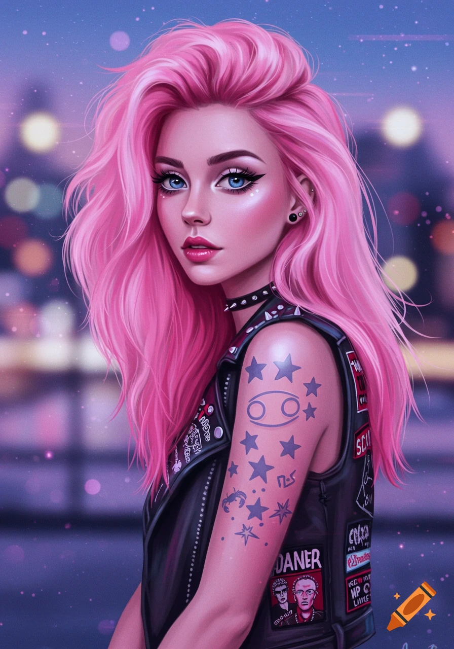 A stylized portrait of a woman with vibrant pink hair, blue eyes, and a pop-punk style, wearing a studded leather vest with patches.