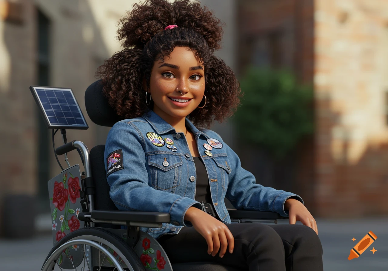 A smiling young woman with curly hair sits in a wheelchair with a solar panel, wearing a denim jacket with patches.