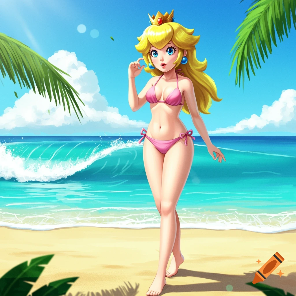 Princess Peach in a pink bikini walks on a sunny beach with ocean waves and palm trees in a vibrant cartoon style.