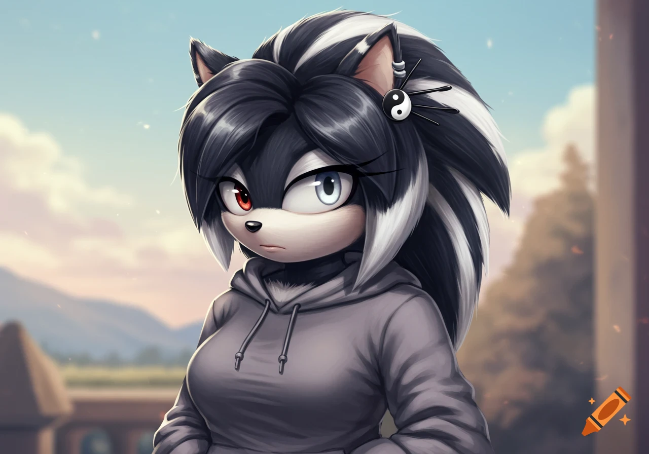Close-up of a black and white striped hedgehog character with heterochromia, wearing a grey hoodie and a yin-yang hairpin, against a blurred outdoor background.